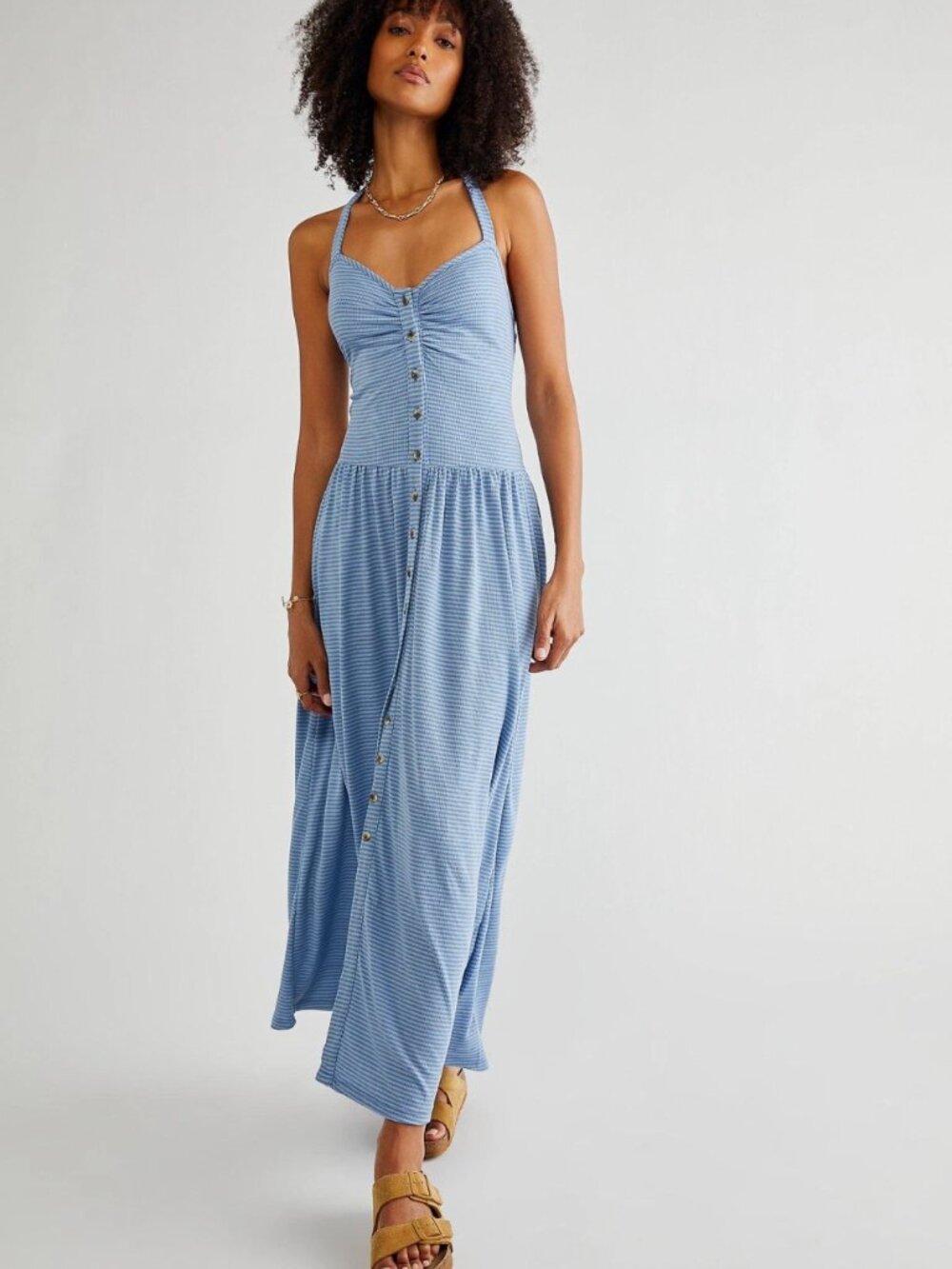 Free People Light Blue Nina Halter Striped Maxi Dress